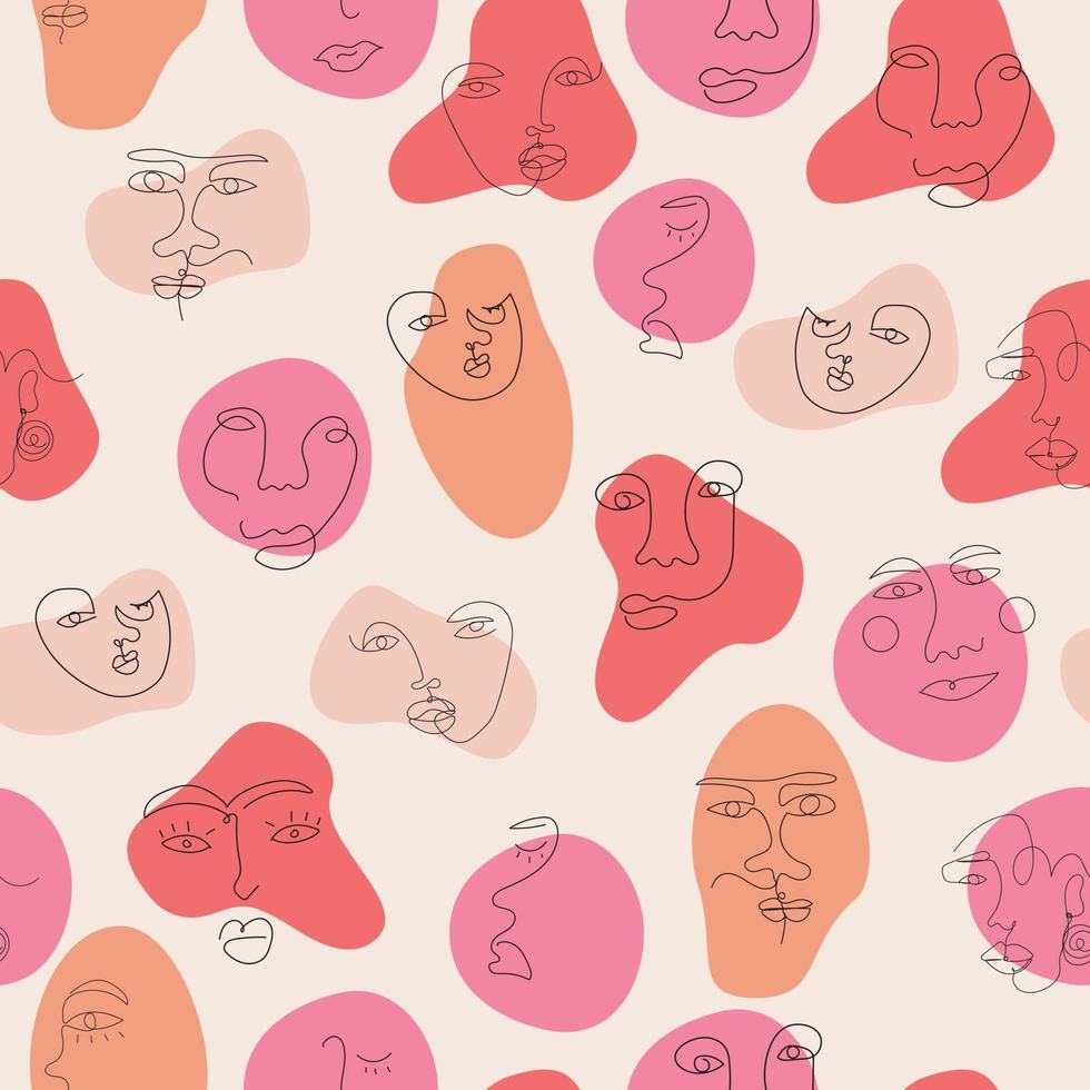 Seamless pattern with abstract shapes and surreal face. Hand drawn one line art face. vector