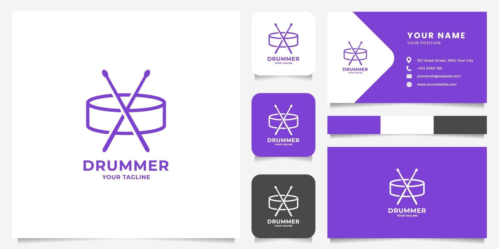 Simple Snare Drum and Drumsticks Logo with Business Card Template