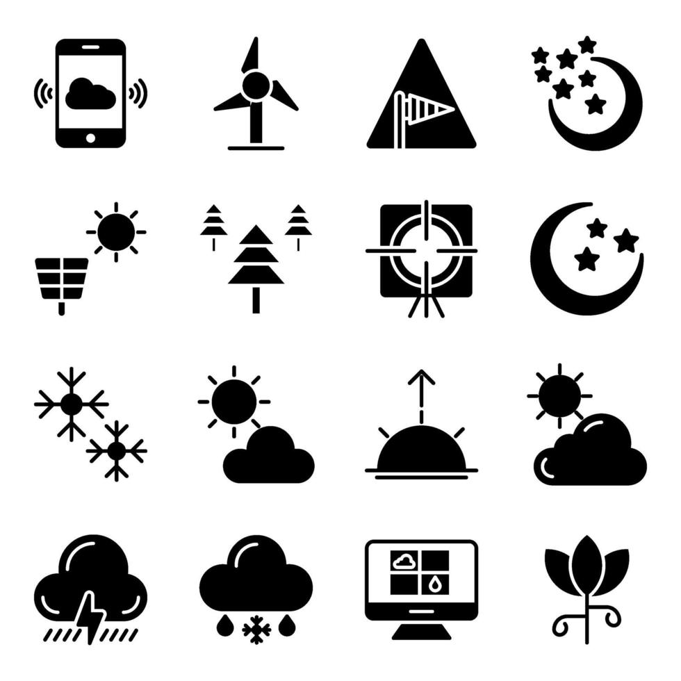 paquete de iconos sólidos de pronóstico del tiempo vector