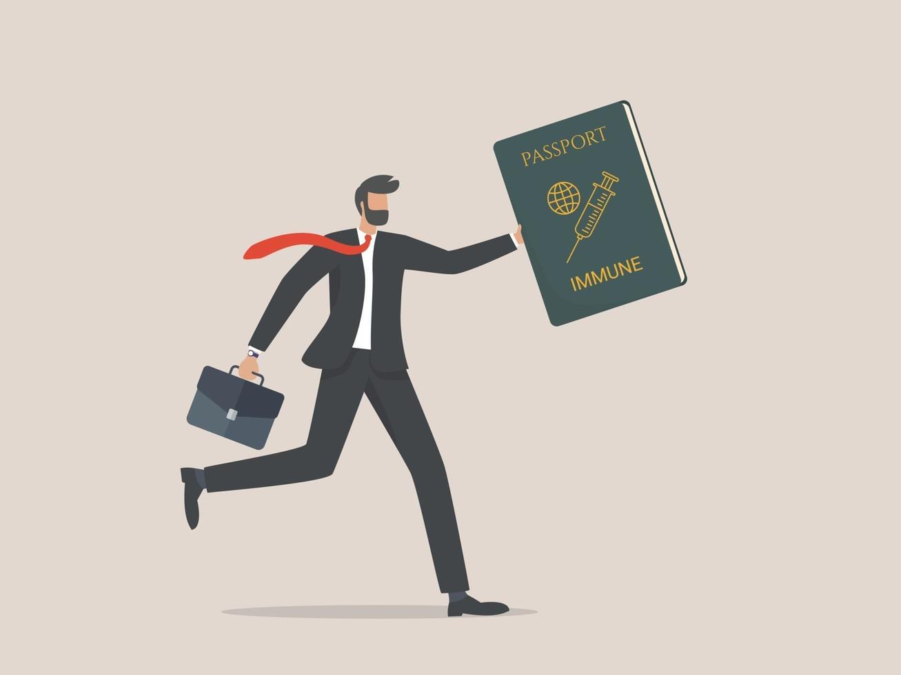 businessman running and holding vaccine passport vector