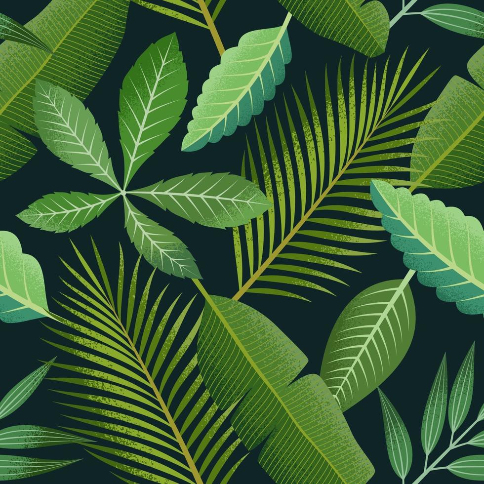 Tropical seamless pattern with green palm leaves on dark background. vector