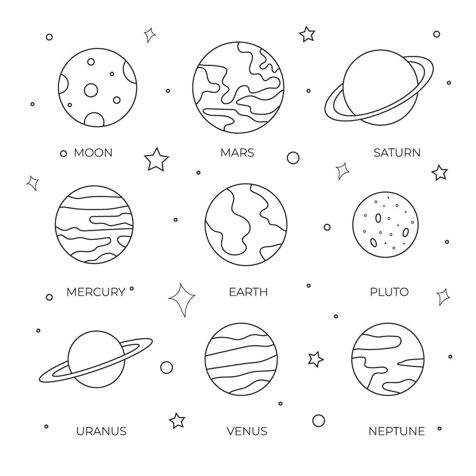 Conjunto de planetas dibujados a mano y luna para colorear página o libro para niños vector