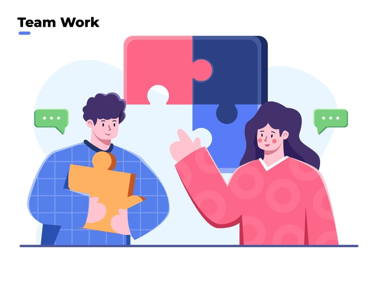 Business team working to solving problem flat illustration. People connecting big pieces of puzzle. Teamwork discussing solution idea. Team building and business partnership concepts. vector