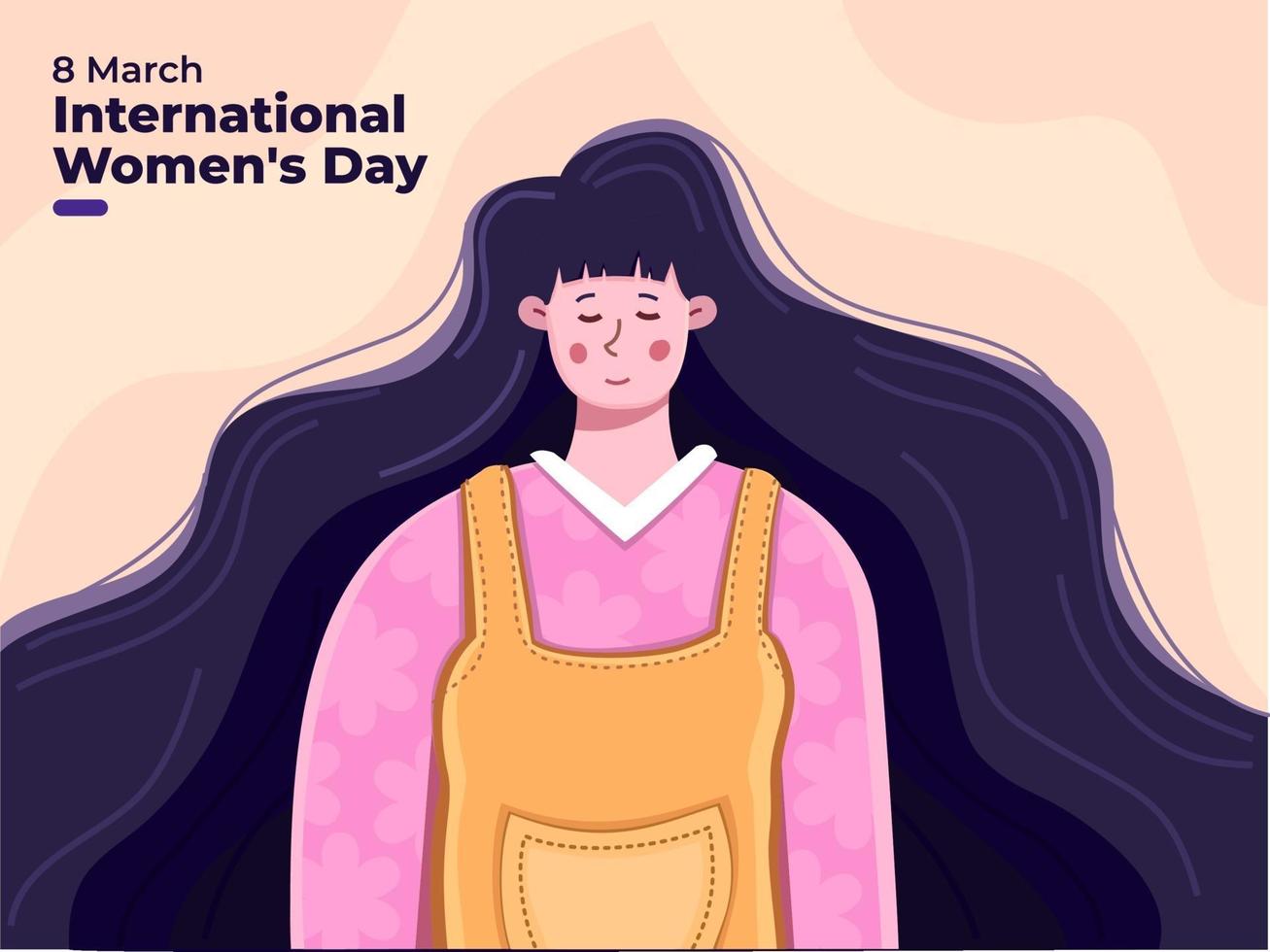 Happy International Women's Day at 8 March 2021 with beautiful  cute woman illustration, Women's day cute greeting card with cute young woman and flowers. Celebrate world woman day. Can use for Postcard, banner, poster, invitation. vector
