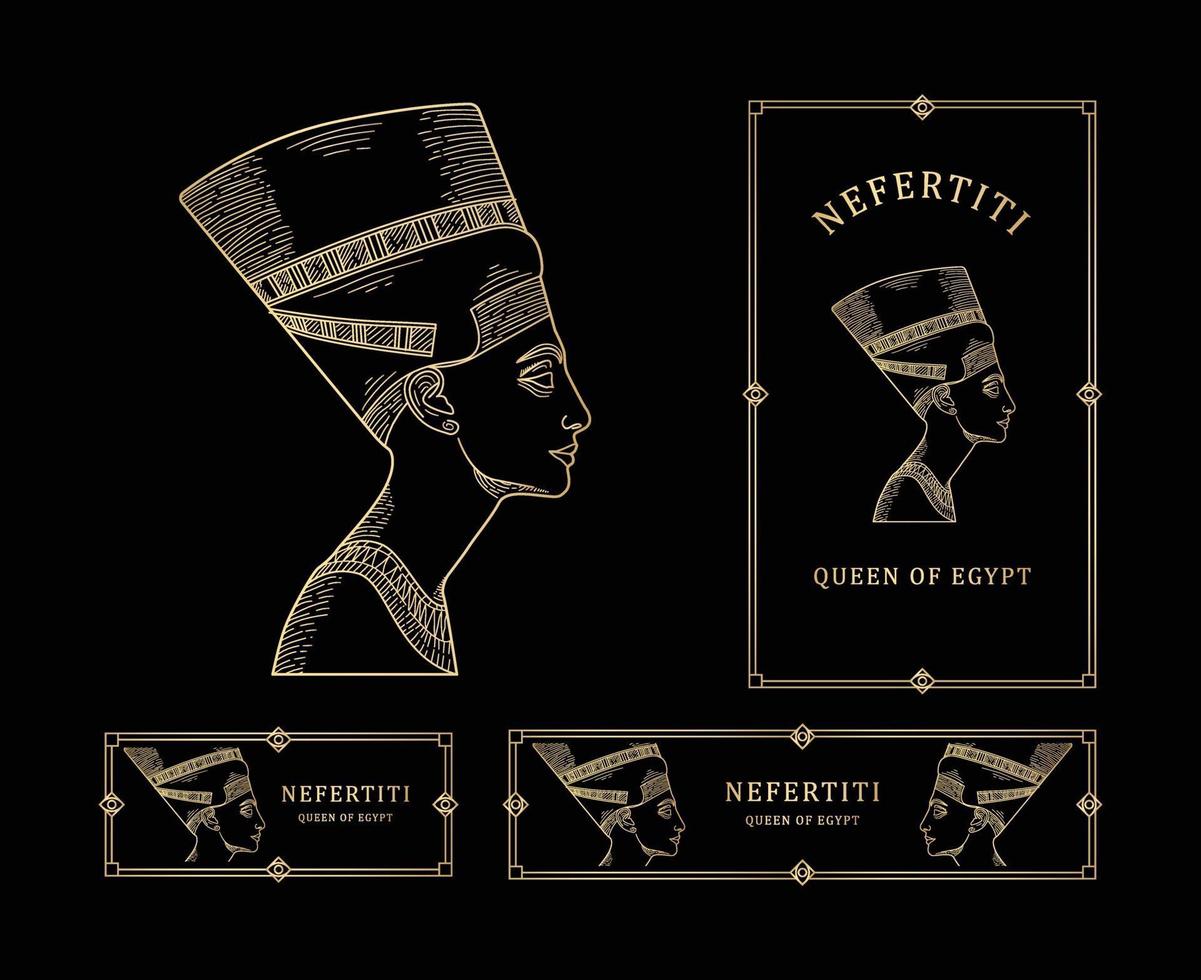 Nefertiti Queen of Egypt Line Art Gold color with Gold Frame set vector