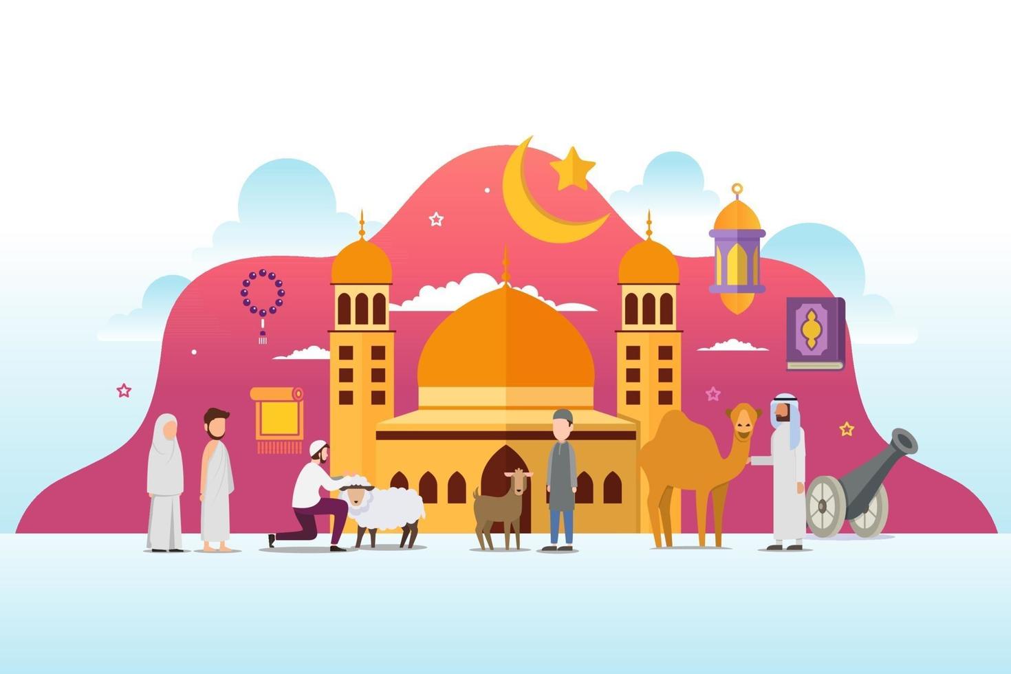 Eid adha mubarak with tiny people character design concept vector