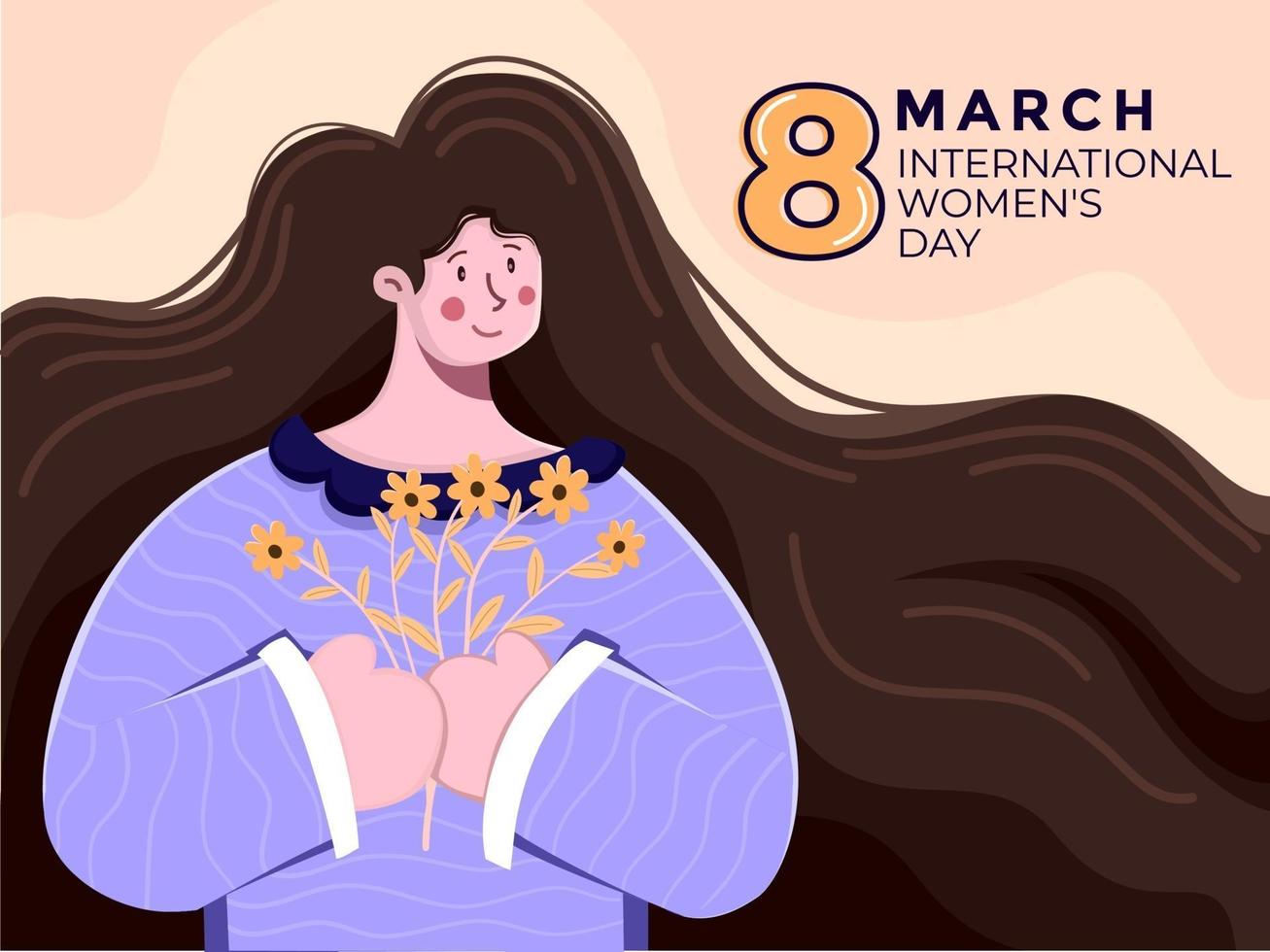 Beautiful woman with holding a bouquet to celebrating international women's day at 8 march. Festive International Women's day, Mother's Day flat illustration. Can be used for greeting card, post card, banner, poster. vector