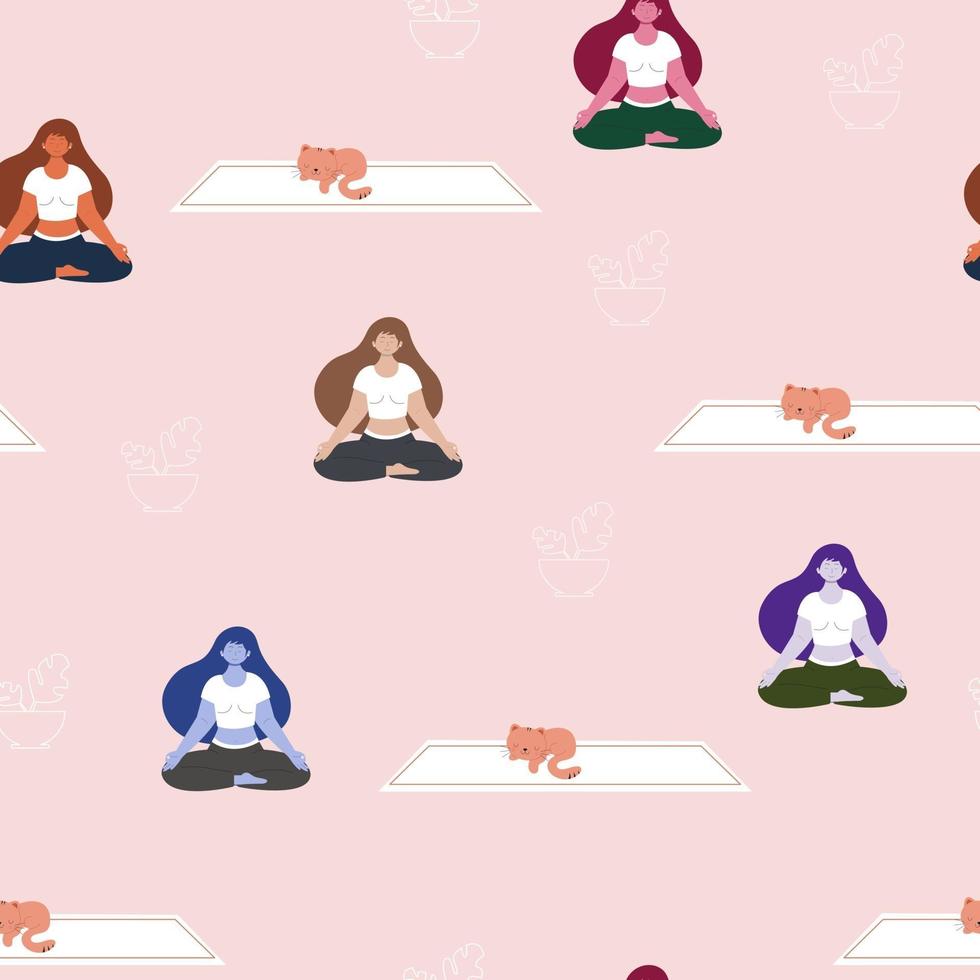 Seamless pattern with woman doing meditation and cute cat vector