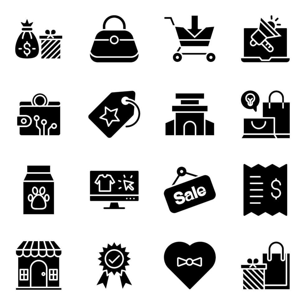 paquete de iconos sólidos de compras y comercio vector