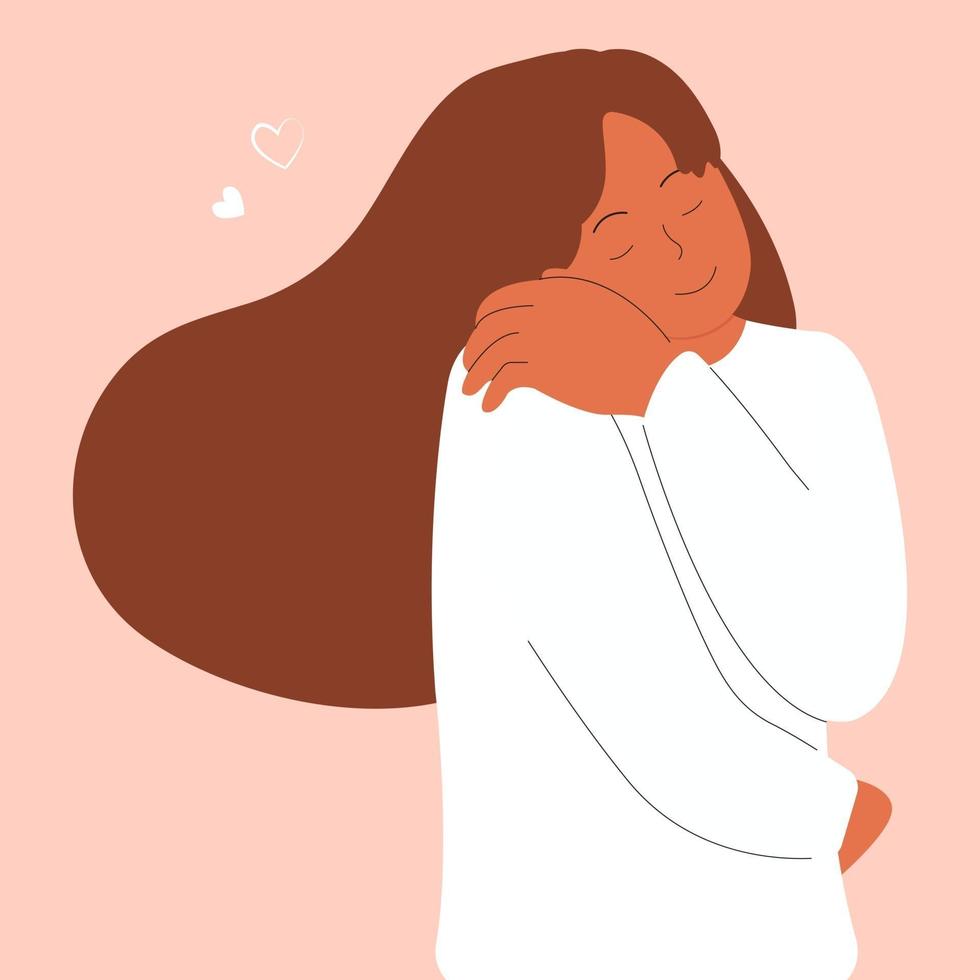 Self love concept with woman hugging herself vector