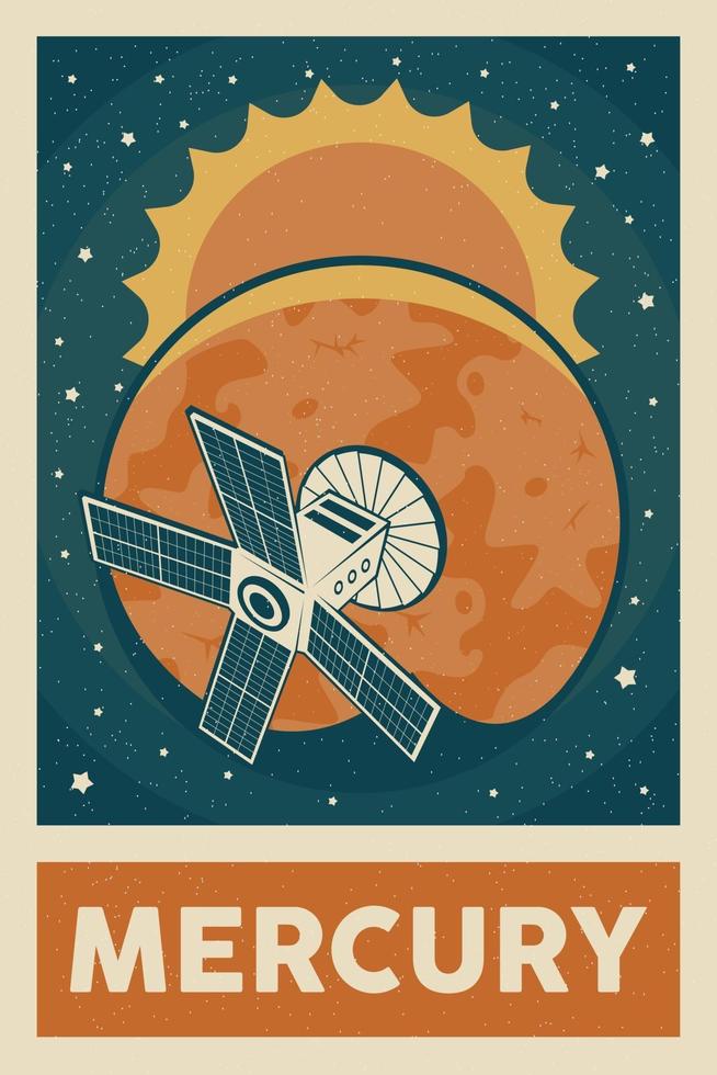 satélite de estilo retro y vintage explorando el cartel del planeta mercurio vector