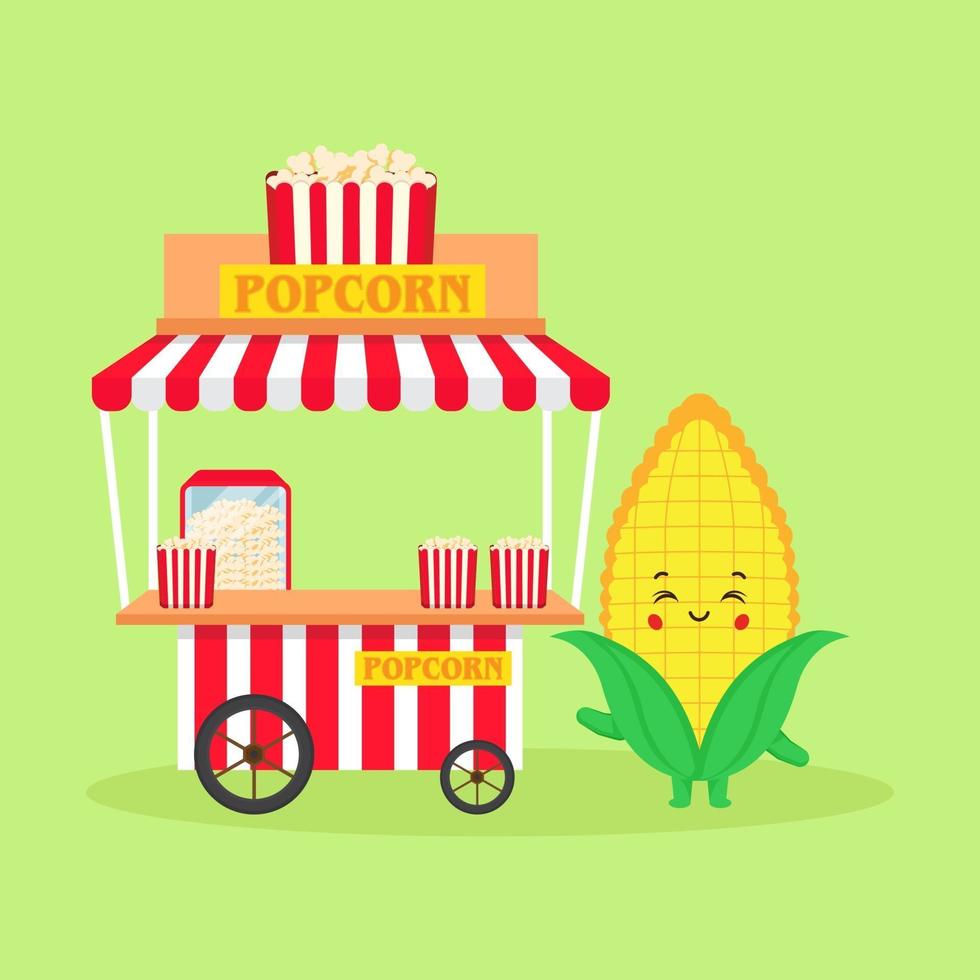 Cute Corn Sell PopCorn Booth Street vector