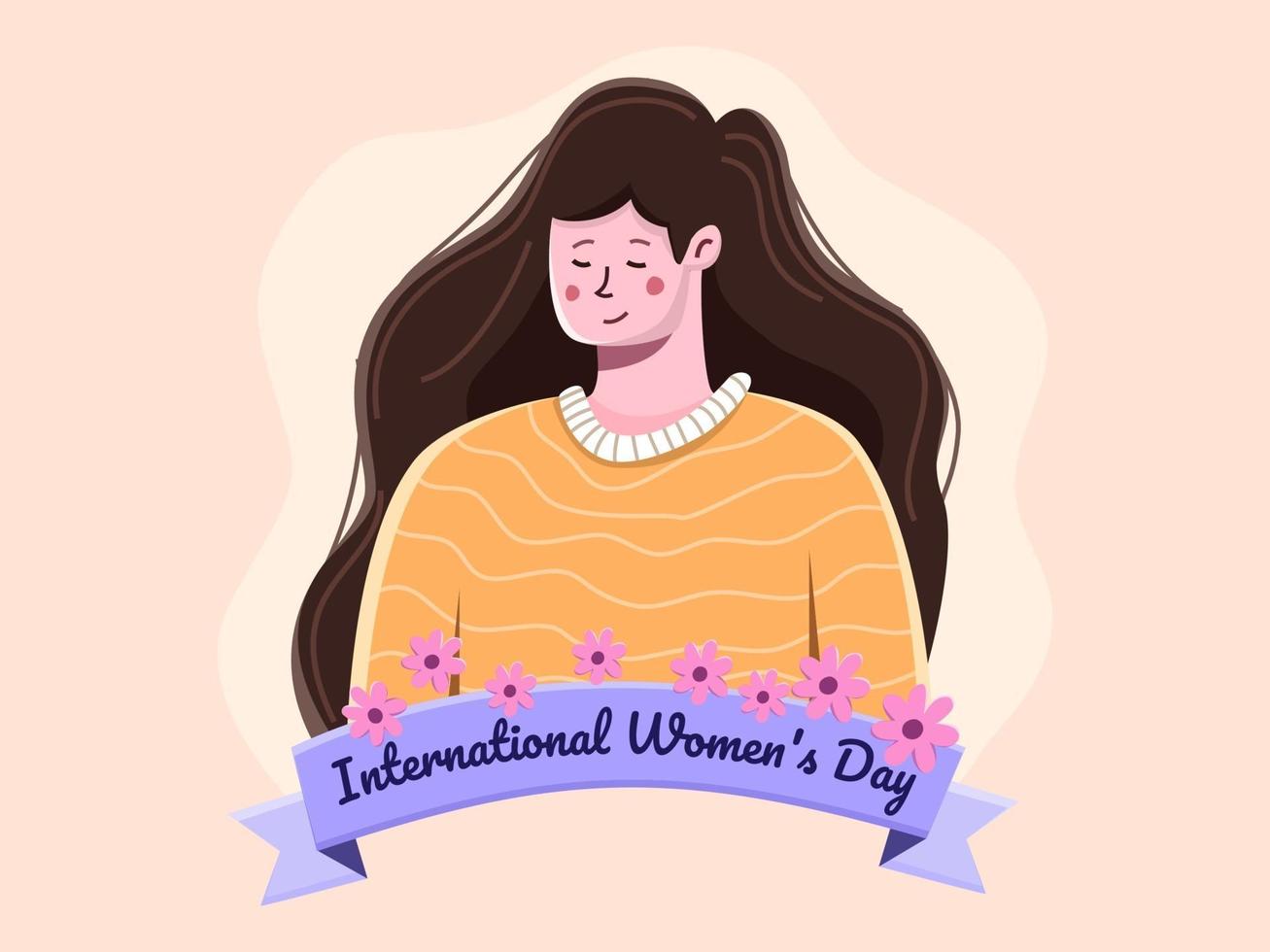 8 March International Women's Day illustration with cute woman. Greeting Happy International Woman day. Women's Day 2021 campaign theme ChooseToChallenge. Can be used for banner, poster, postcard. vector