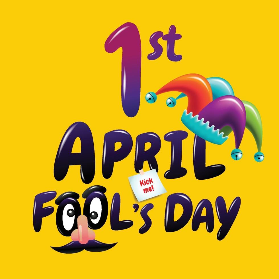 April Fool's Day typography and jester hat, colorful flat design vector