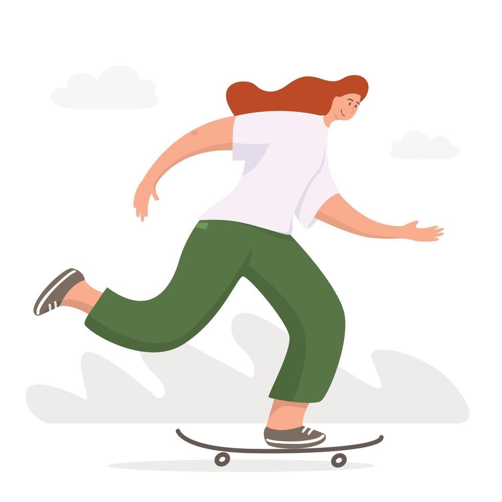 mujer en una ilustración de patineta. personaje femenino montando una tabla, elemento de diseño. Vehículo urbano en diseño de estilo plano. vector