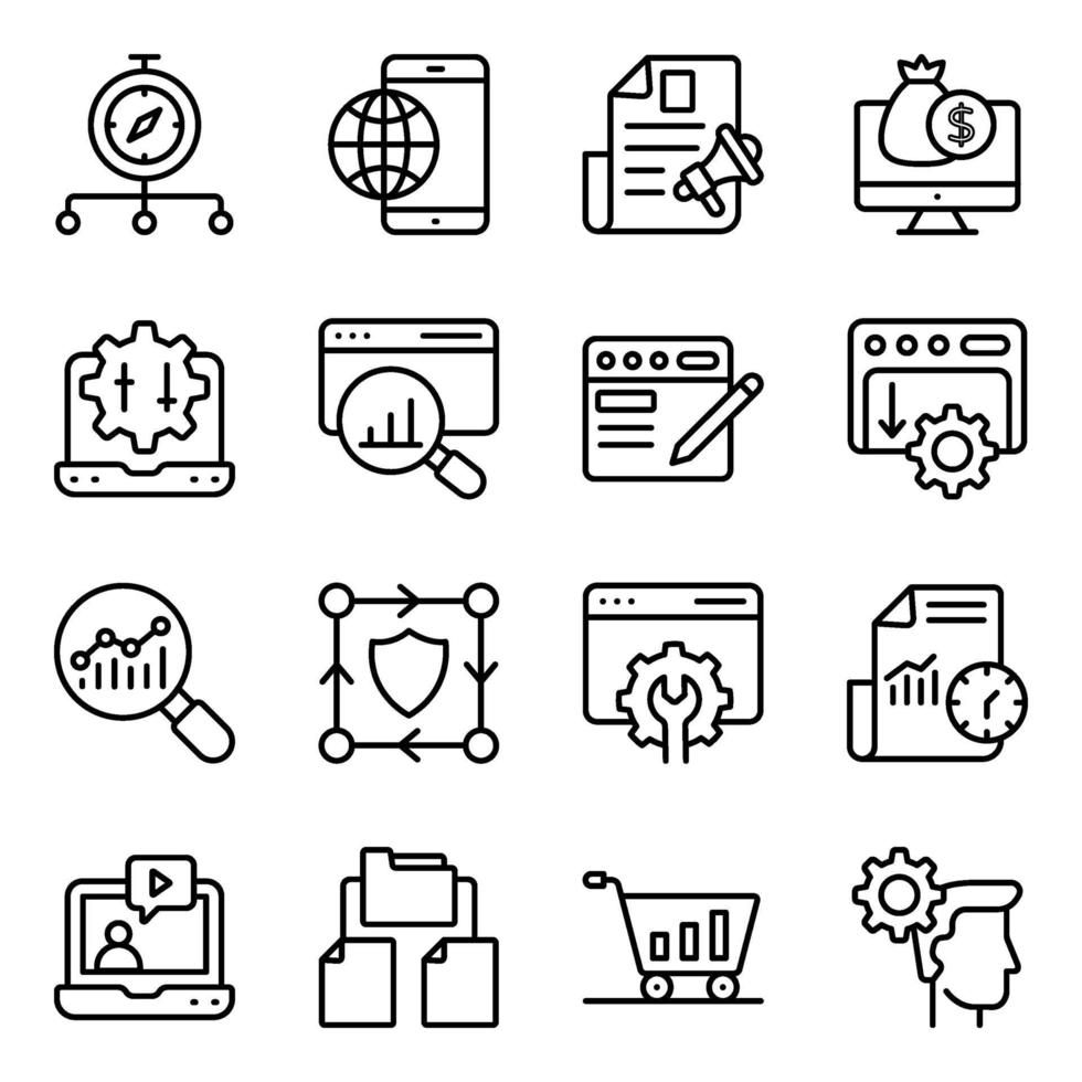 paquete de iconos lineales de optimización de motores de búsqueda vector