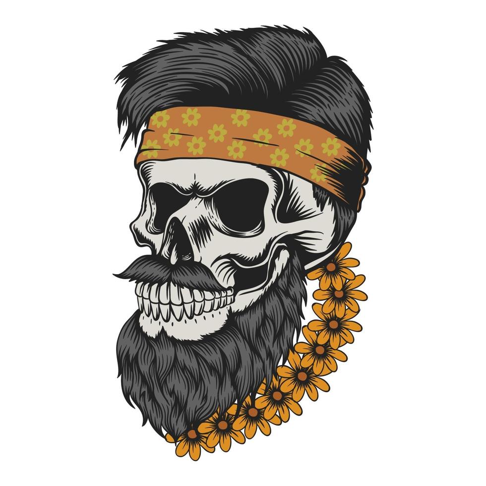 Skull with beard and mustache in flowers, vector illustration