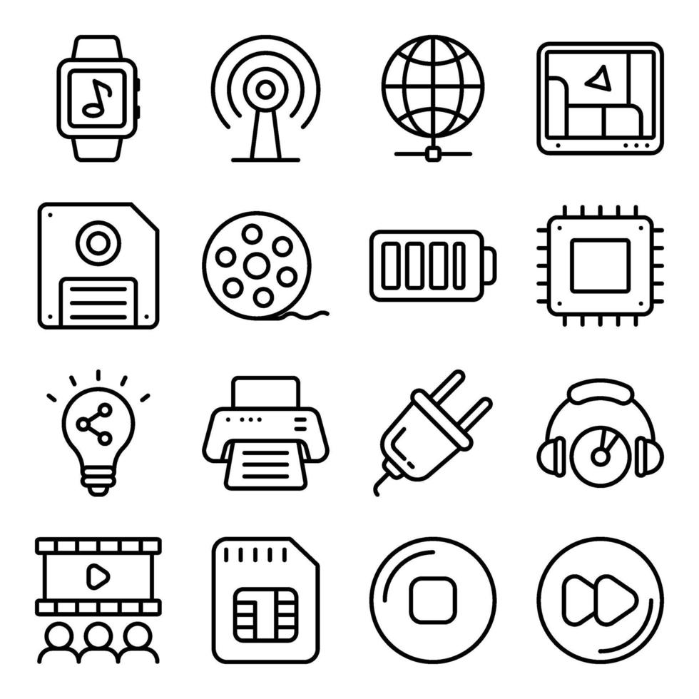 paquete de dispositivos e iconos lineales de tecnología. vector