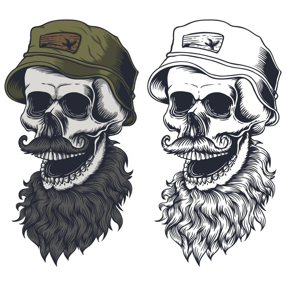 Skull with beard mustache wearing hat vector illustration