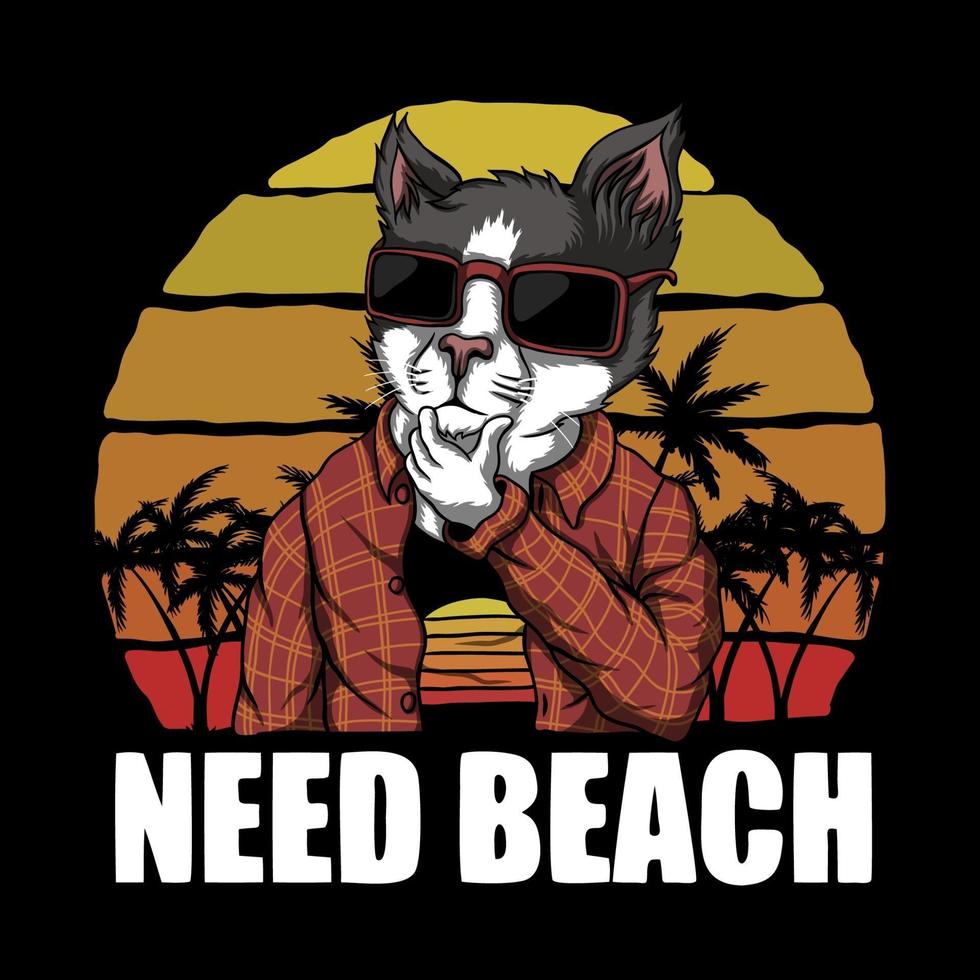 gato necesita playa puesta de sol retro ilustración vectorial vector