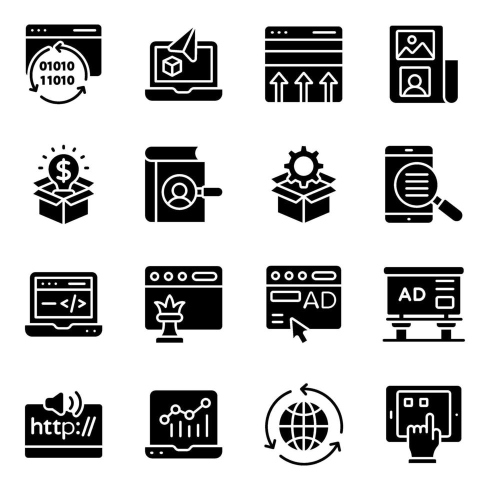 paquete de iconos sólidos de tecnología web y seo vector