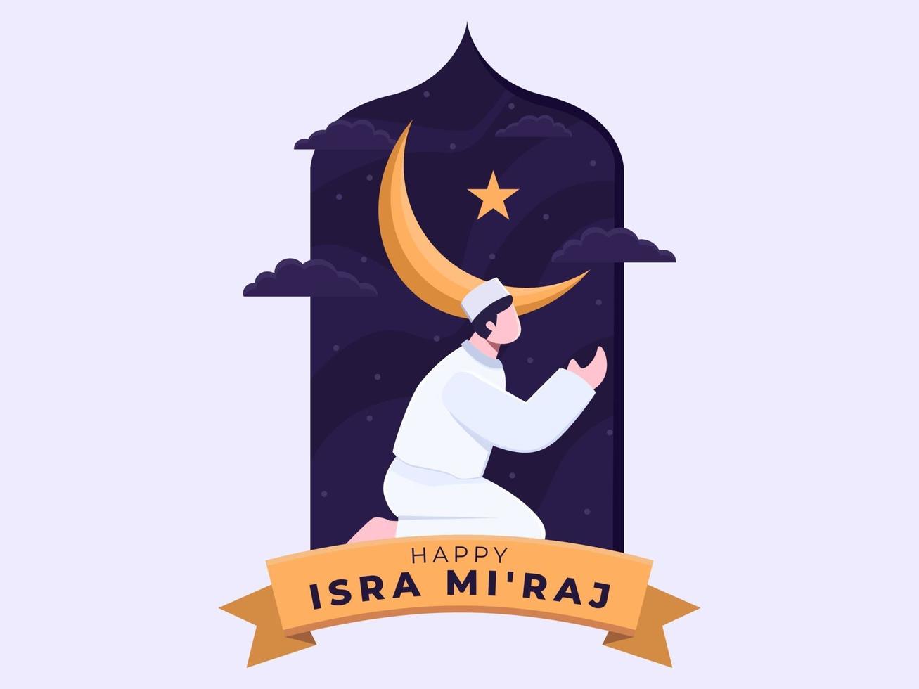 musulmanes rezando en el día de isra mi raj por la noche. vector