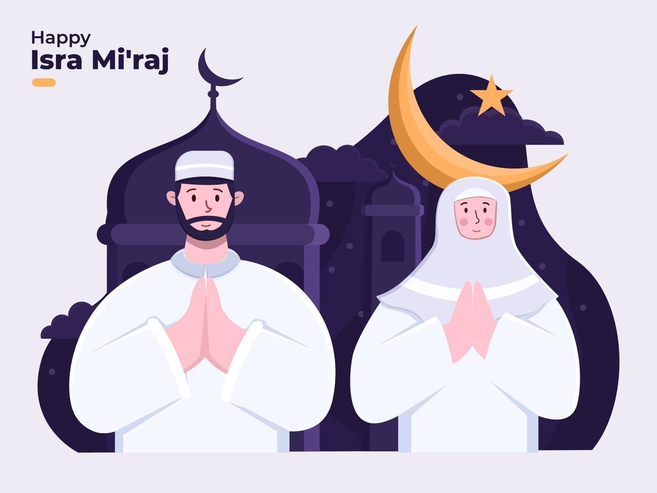 Isra Mi'raj greeting Islamic illustration. Al-Isra wal Mi'raj Prophet Muhammad. Muslim people celebrate isra and mi'raj day. Suitable for greeting card, postcard, flyer, poster, banner, website. vector