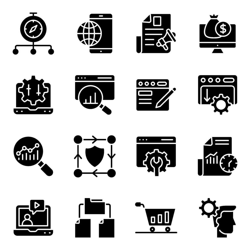 paquete de iconos sólidos de optimización de motores de búsqueda vector