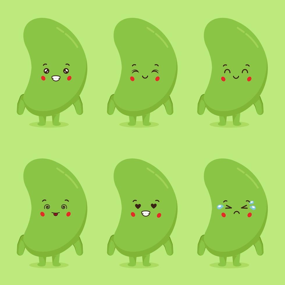 Cute Green Beans with Various Expression Set vector