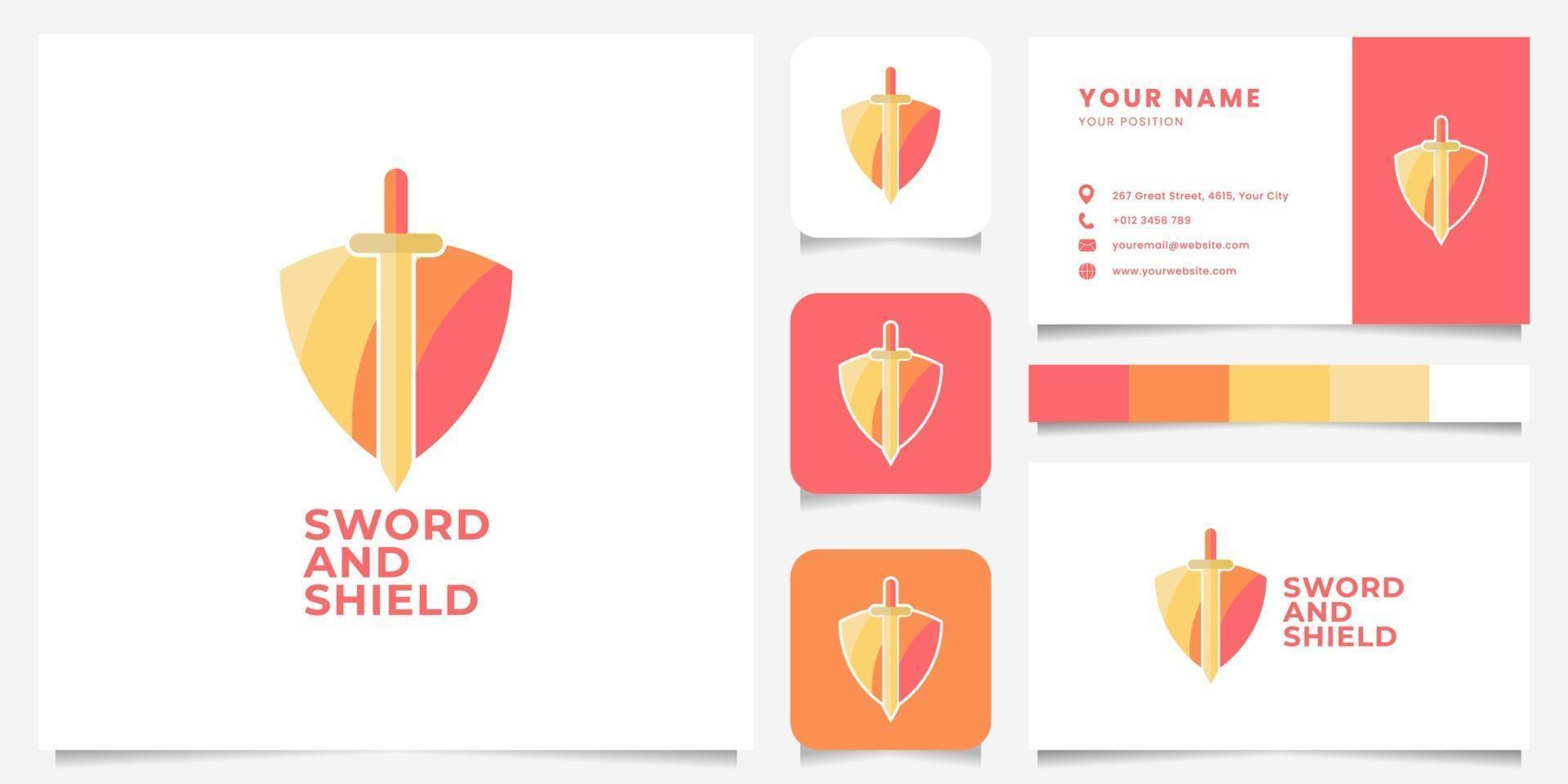 colorido logotipo de escudo y espada con plantilla de tarjeta de visita vector