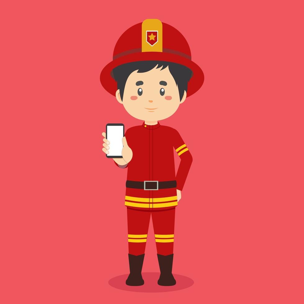 personaje de bomberos sostener el teléfono vector