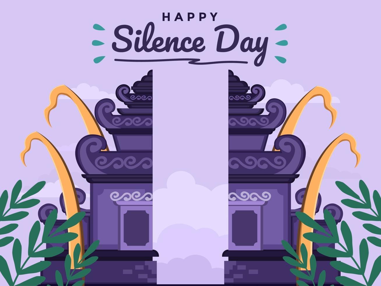 Day Of Silence And Hindu New Year Of Saka in bali, indonesia. Flat Illustration with traditional architecture. Can be used for greeting card, postcard, banner, poster, book cover, animation. vector
