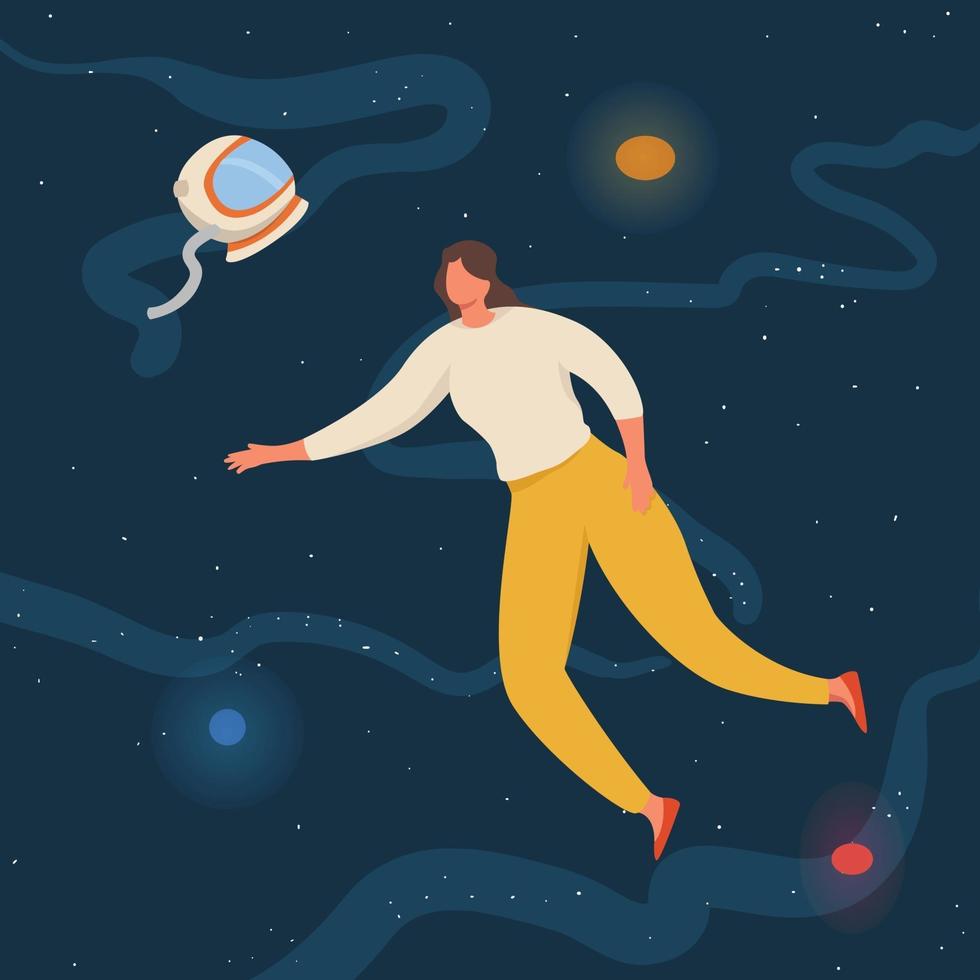 women floating in space with planets and stars. flying in sky with stars wearing casual clothes vector