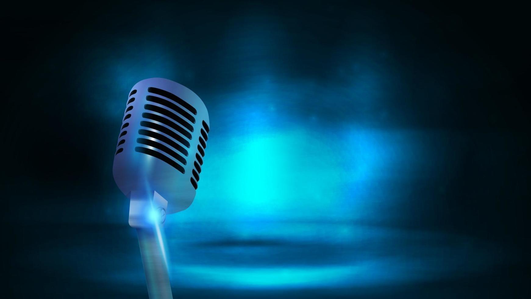 Single silver old school broadcast microphone on background with dark and blue empty scene. Poster with microphone and copy space vector