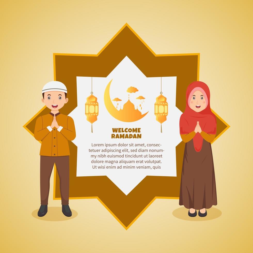 Muslim Couple Greeting Pose for Ramadan Kareem. vector