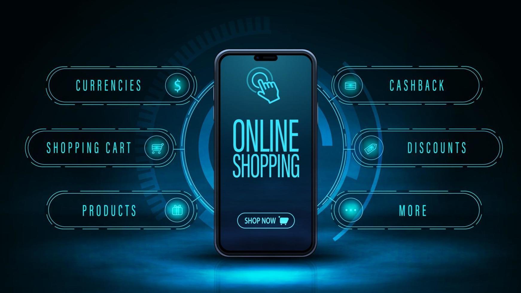 Online shopping, dark and blue digital web banner with smartphone and hologram interface around. Web banner for your product in modern digital style vector
