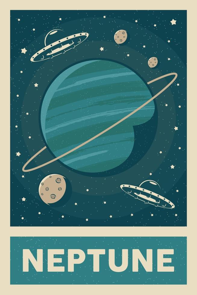 Retro and Vintage Style UFO Exploring Planet Neptune Poster vector