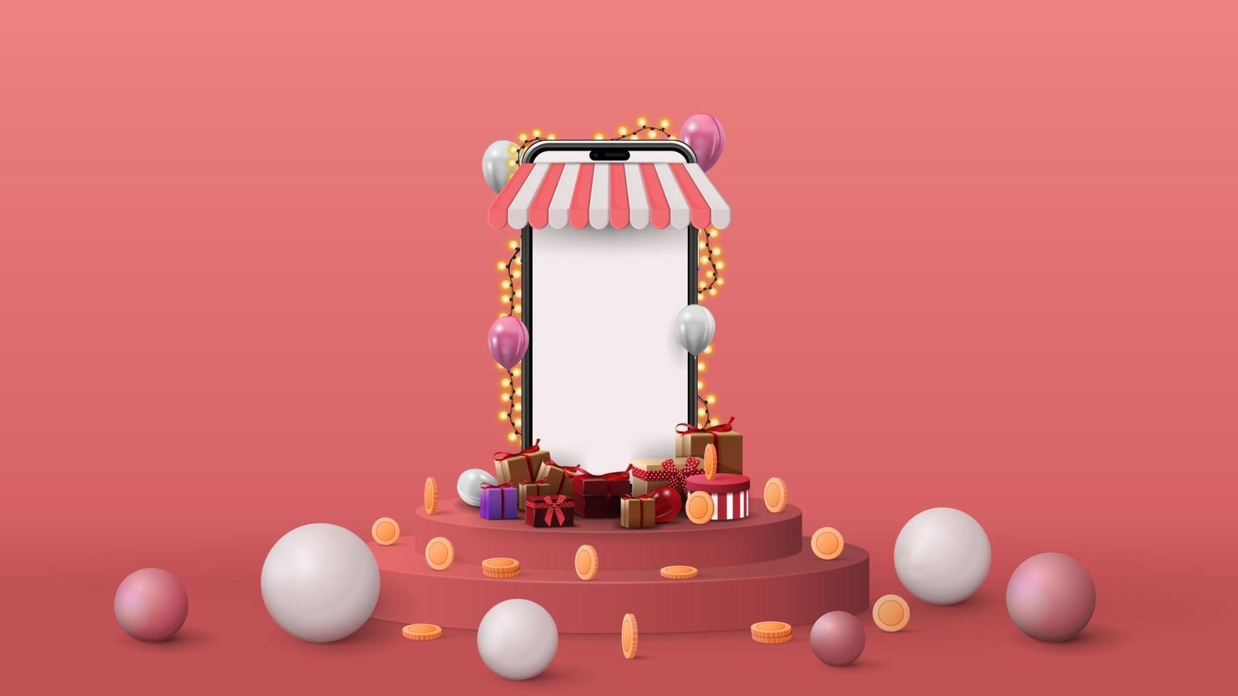 plantilla con smartphone volumétrico con pantalla en blanco, regalos, monedas y esferas 3d en el podio rosa. Ilustración de render 3D con escena abstracta rosa vector