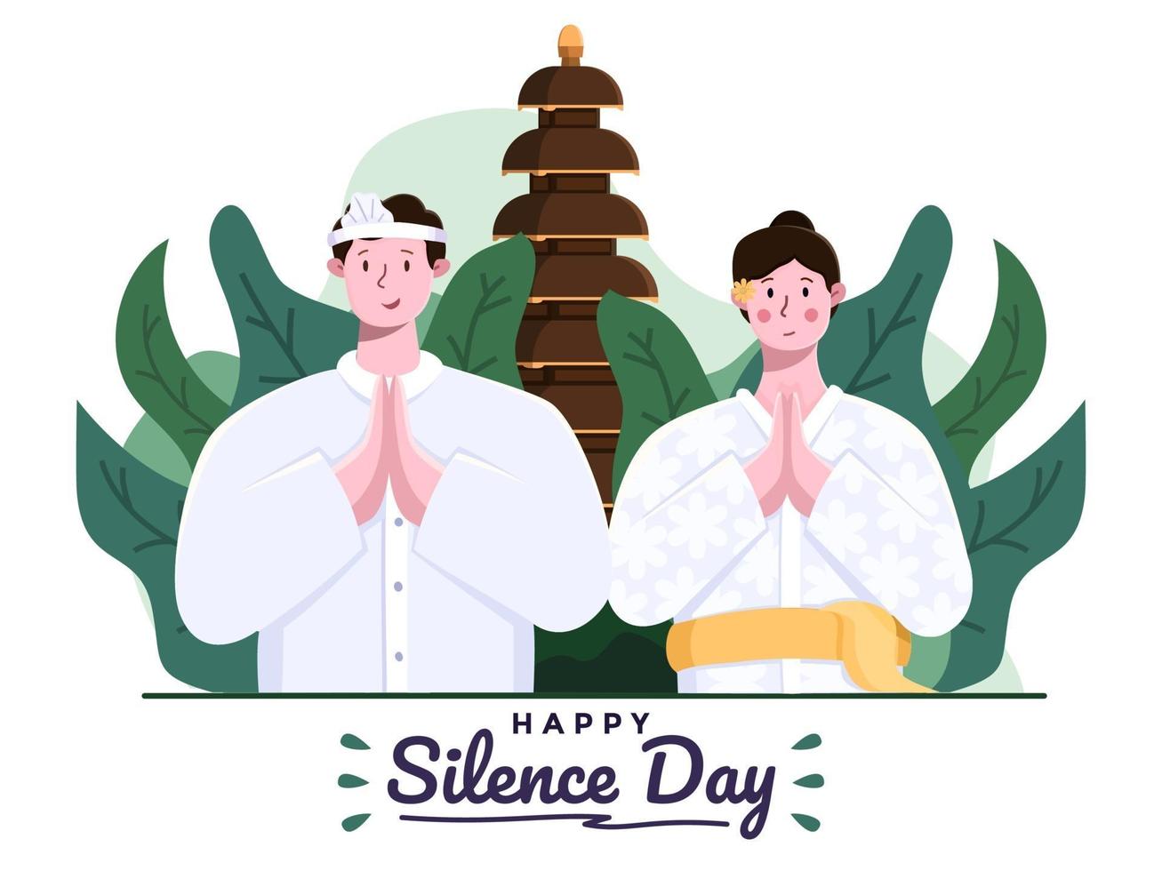 Happy day of silence nyepi and happy saka new years or hindu new year. Bali Couple or people with wear traditional outfit. vector