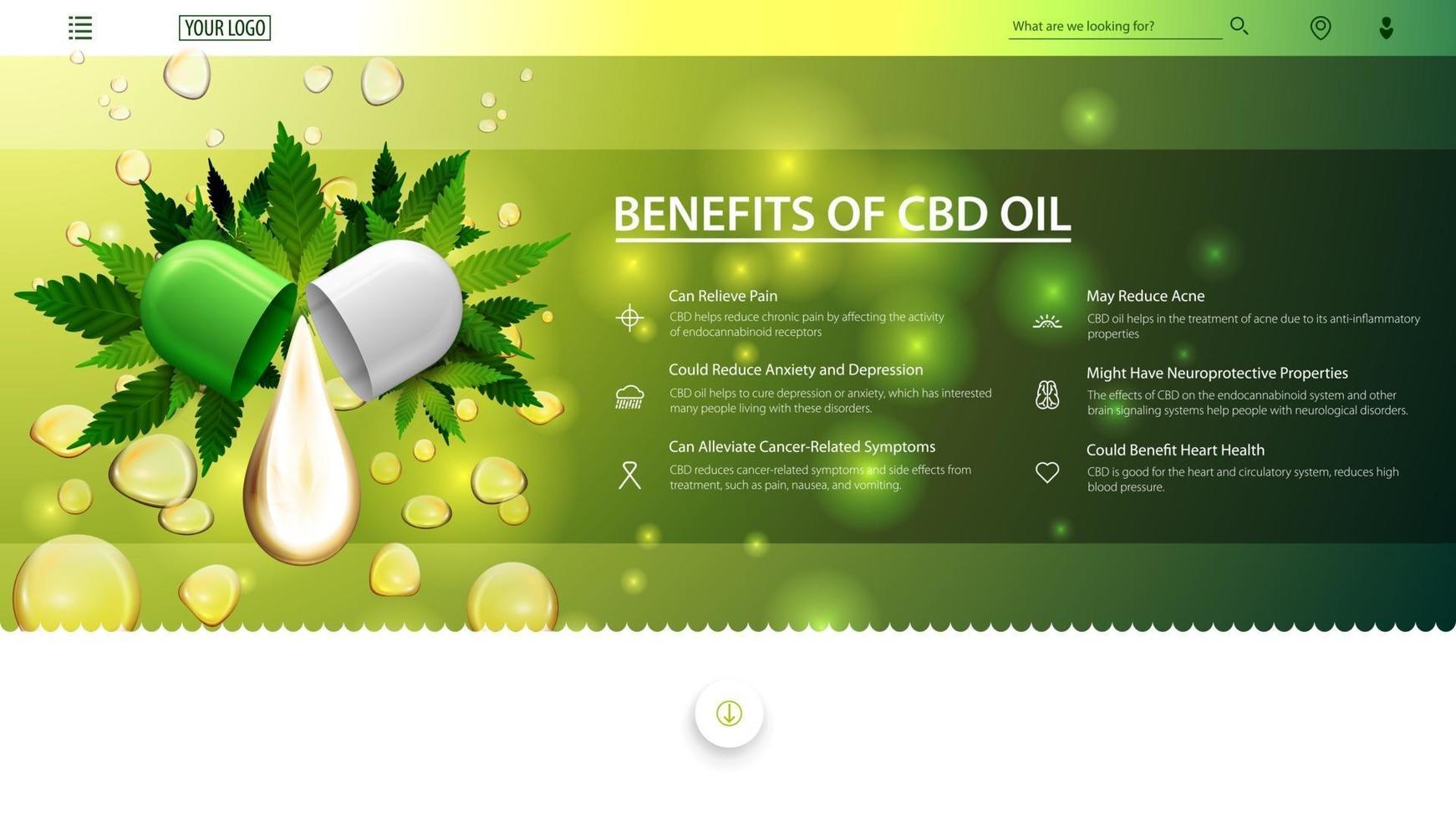 Green an white web banner for website with drop of cbd oil and green leafs of cannabis on background of oil drops. Medical uses for cbd oil, benefits of use CBD oil. vector