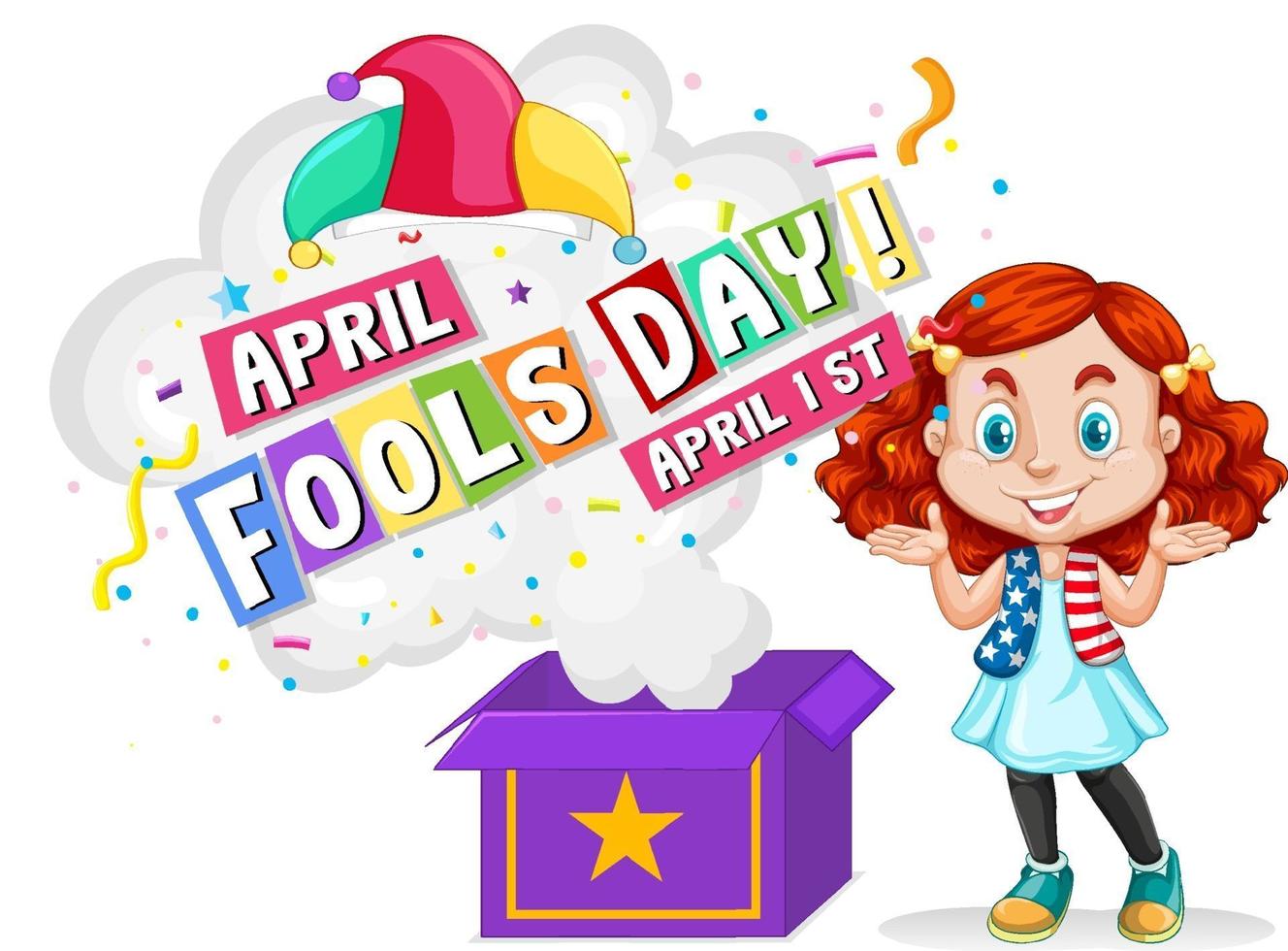 A girl wearing jester hat with surprise box with April's fool day font vector