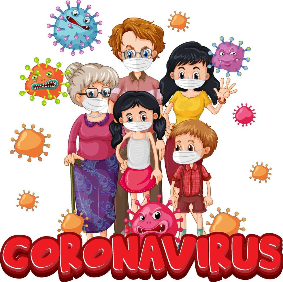 miembros de la familia con máscara con fuente coronavirus vector