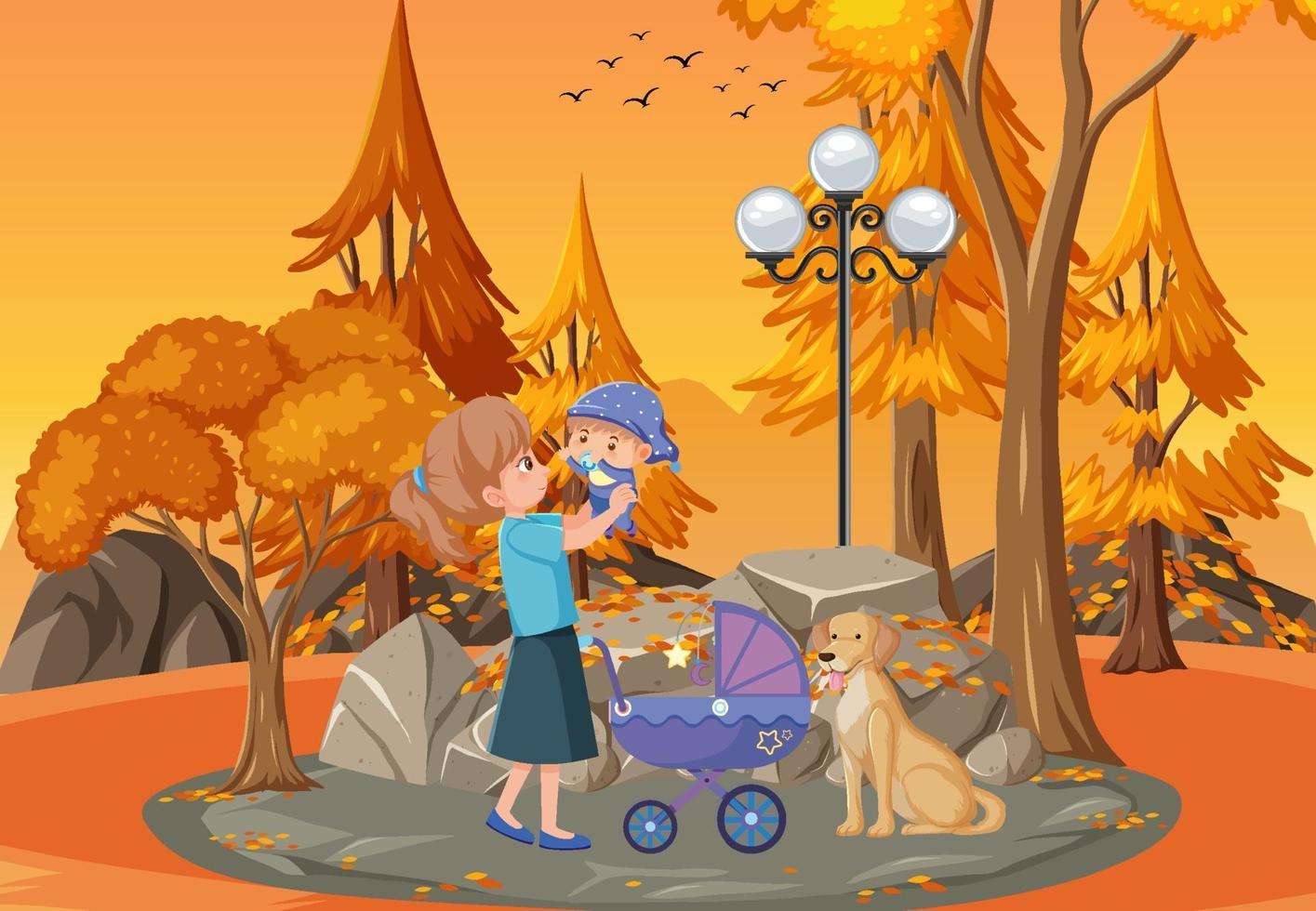 Park scene at sunset time with mother and daughter vector