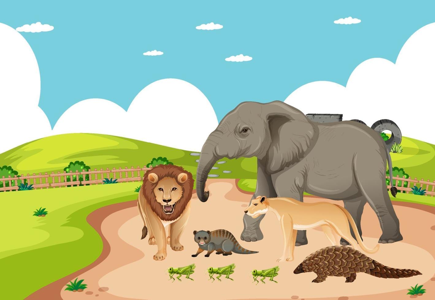 Grupo de animales salvajes africanos en la escena del zoológico vector