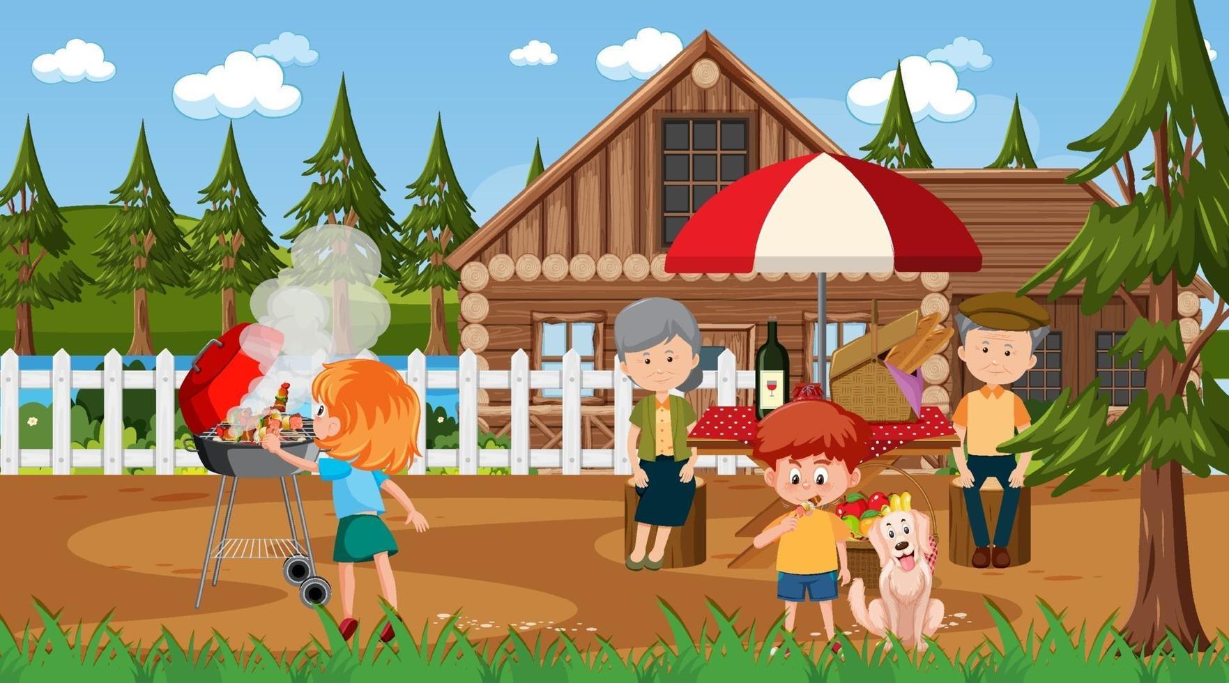 escena al aire libre de la naturaleza con la familia feliz haciendo un picnic vector