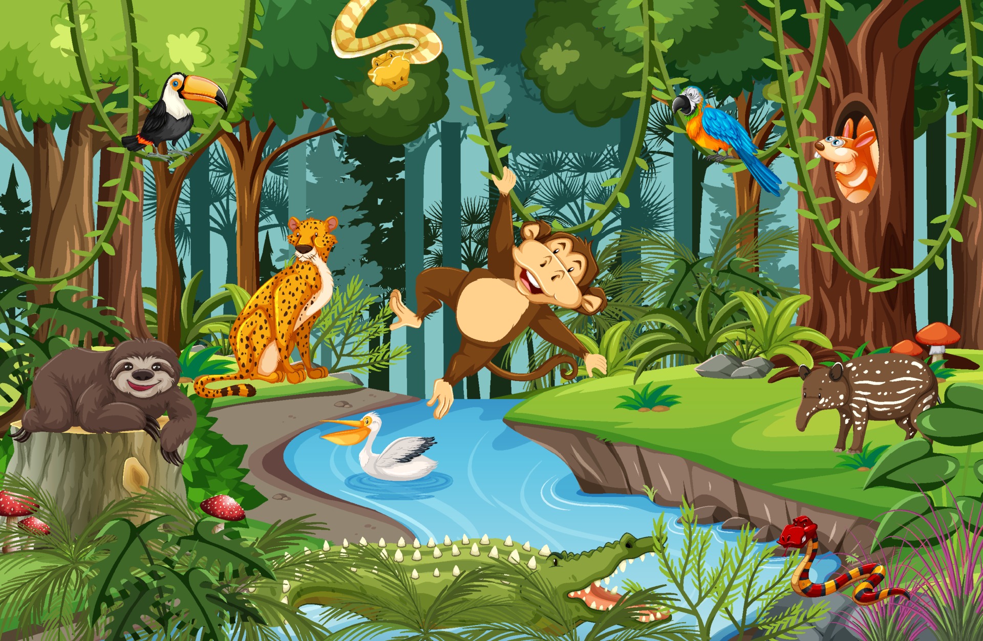 Wild animal cartoon character in the forest scene 2080822 Vector Art at  Vecteezy