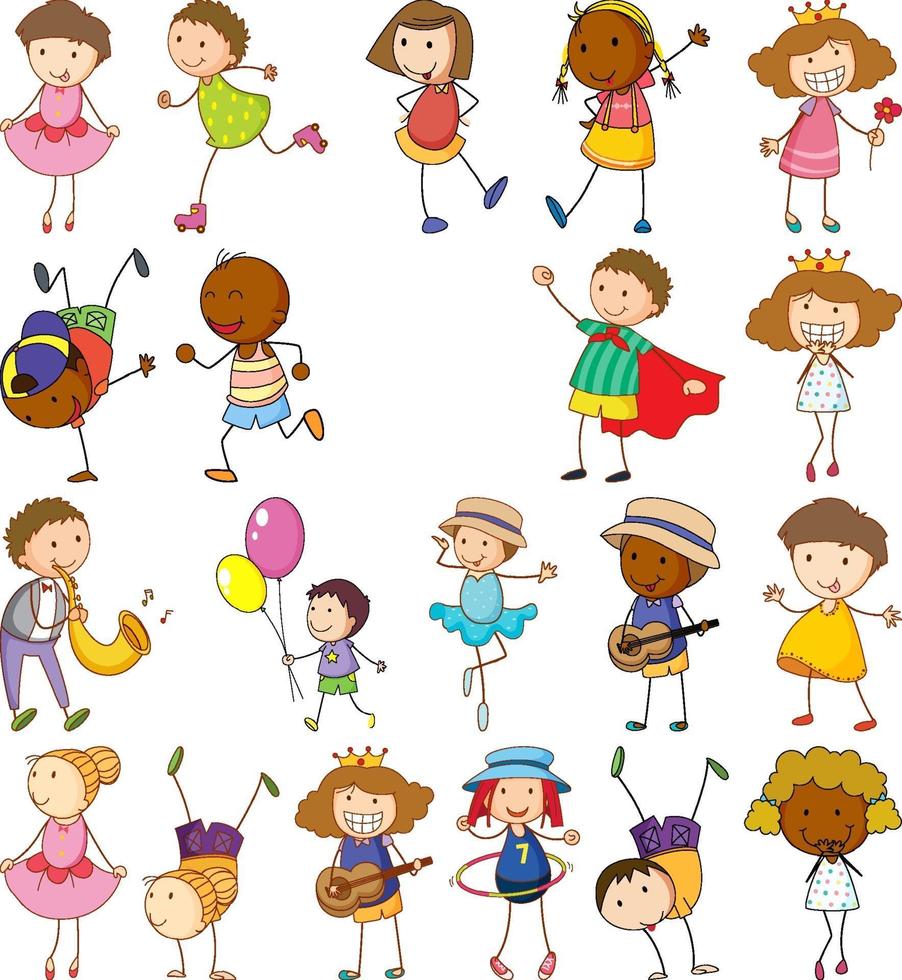 conjunto de diferentes niños en estilo doodle vector