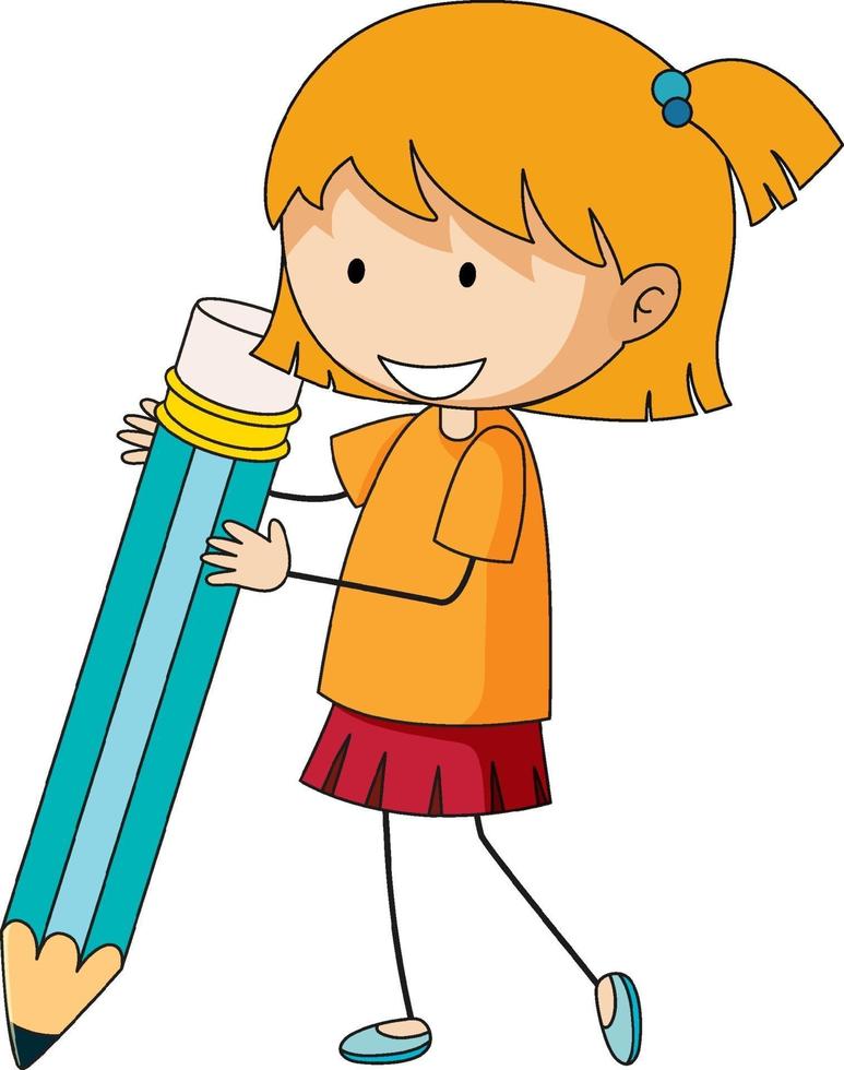 Cute girl holding pencil doodle cartoon character vector