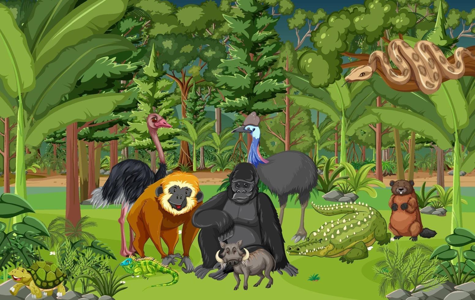 escena de la selva tropical con animales salvajes. vector