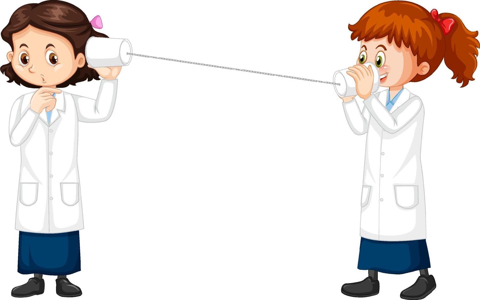 Two scientist girls cartoon character string phone experiment vector